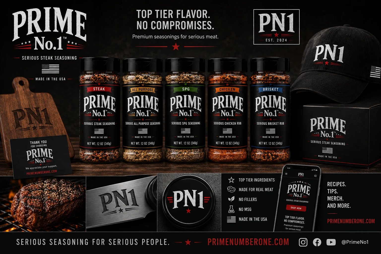 Prime No. 1 product line including steak, all-purpose, SPG, chicken and brisket seasonings