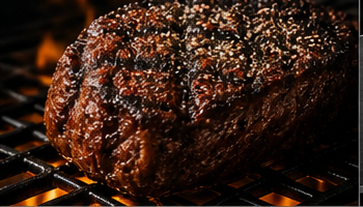 A heavily seared steak on a grill